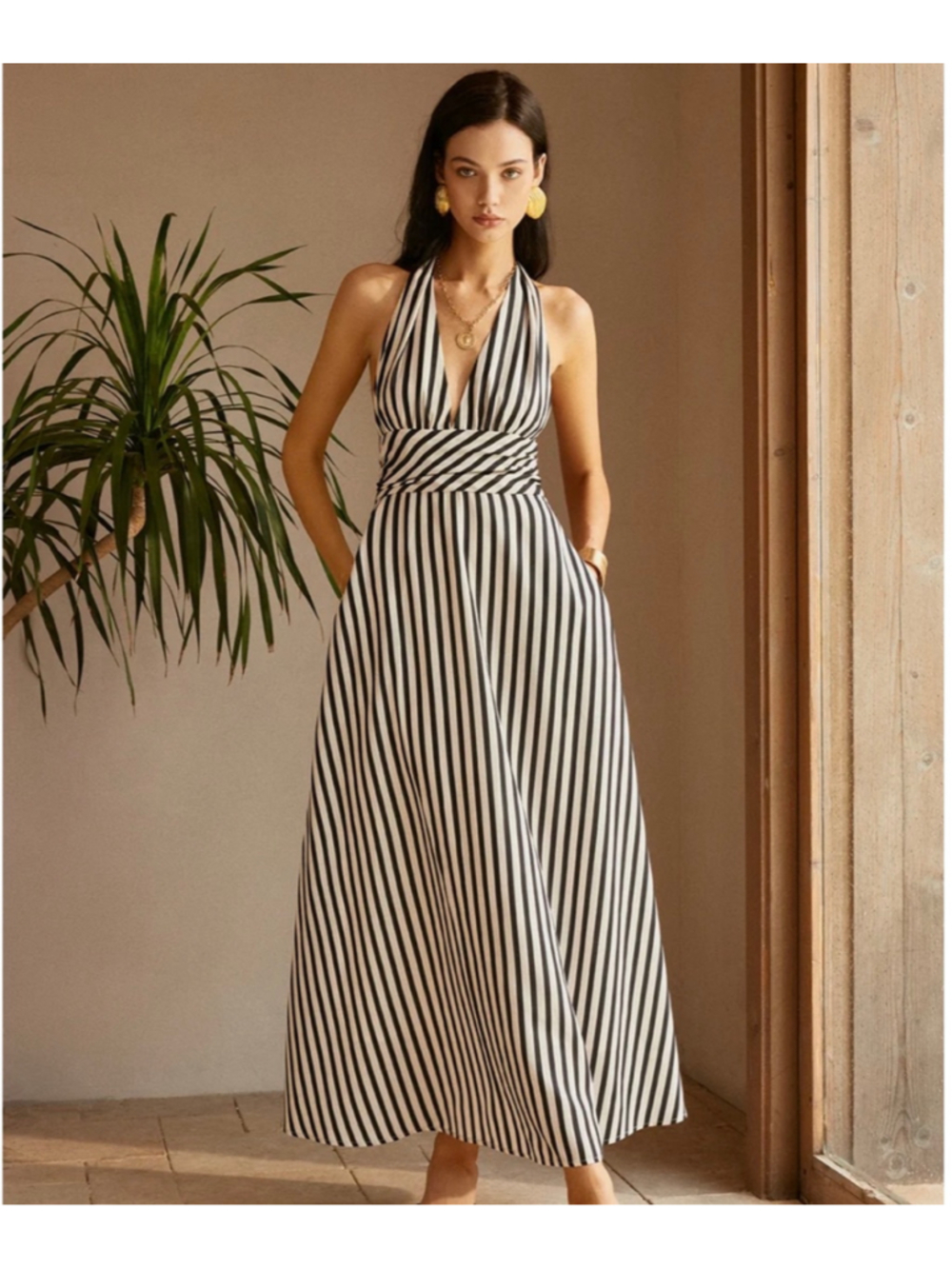 Commense Striped Halter Open Back Maxi Dress S Pockets Retro 90s Minimalist